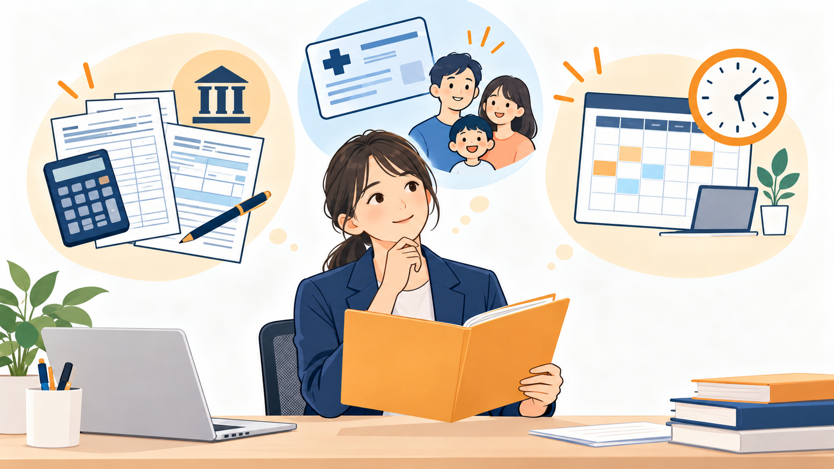 税の書類、家族の健康保険、勤務予定を見比べながら、年収の壁を整理する人事担当者のイラスト