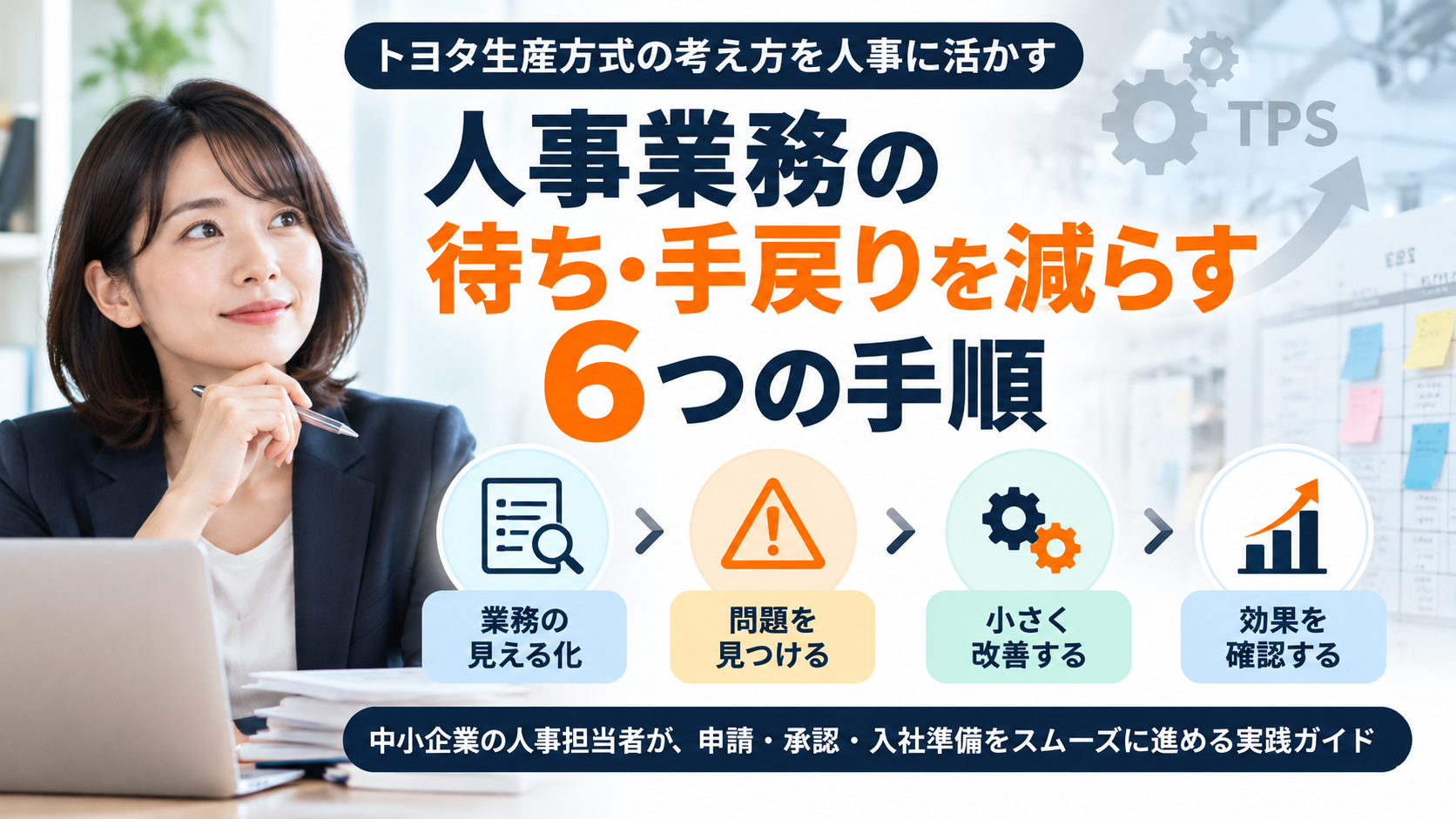トヨタ生産方式を人事業務に活かし、待ち・手戻りを減らす6つの手順を示した図解