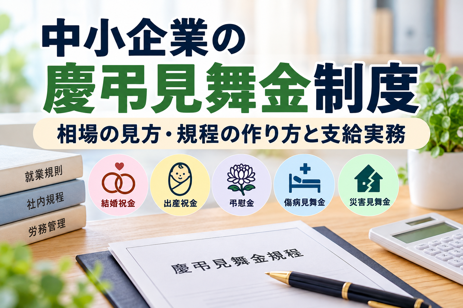中小企業の慶弔見舞金制度について、結婚祝金・出産祝金・弔慰金・傷病見舞金・災害見舞金の5種類を示した図解