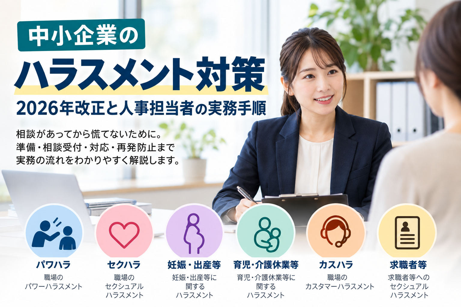 中小企業のハラスメント対策を解説するアイキャッチ画像。2026年改正をテーマに、人事担当者による相談対応の様子と、パワハラ・セクハラ・妊娠出産・育児介護・カスハラ・求職者等への対策を示している。